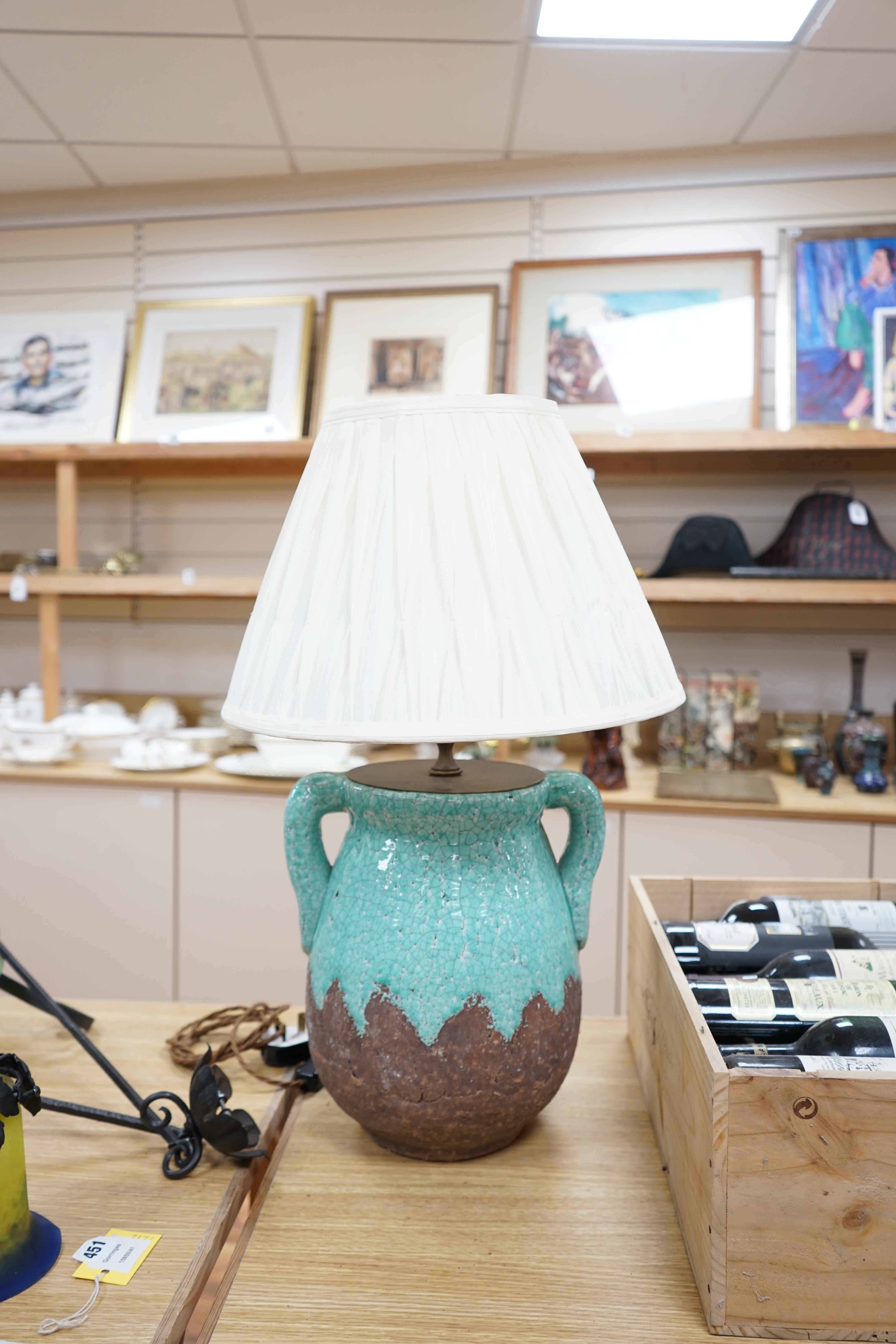 A turquoise lava ceramic table lamp with fabric shade, wired, 65cm high to top of shade. Condition - good